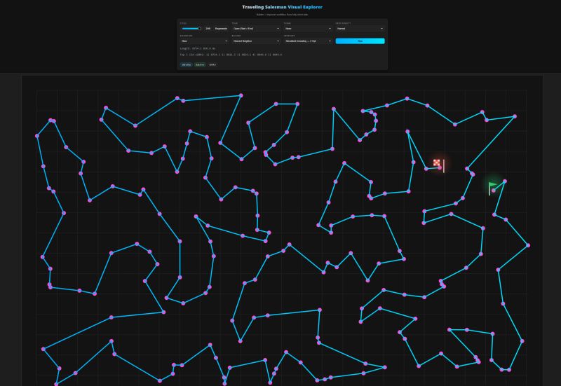 Route-explorer interface showing a cyan path between magenta points, with start and finish markers.