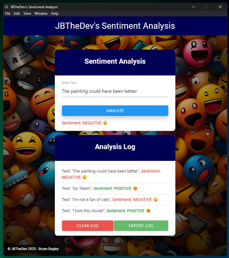 Sentiment Analysis desktop interface with text entry, a negative result, and a history of earlier inputs.